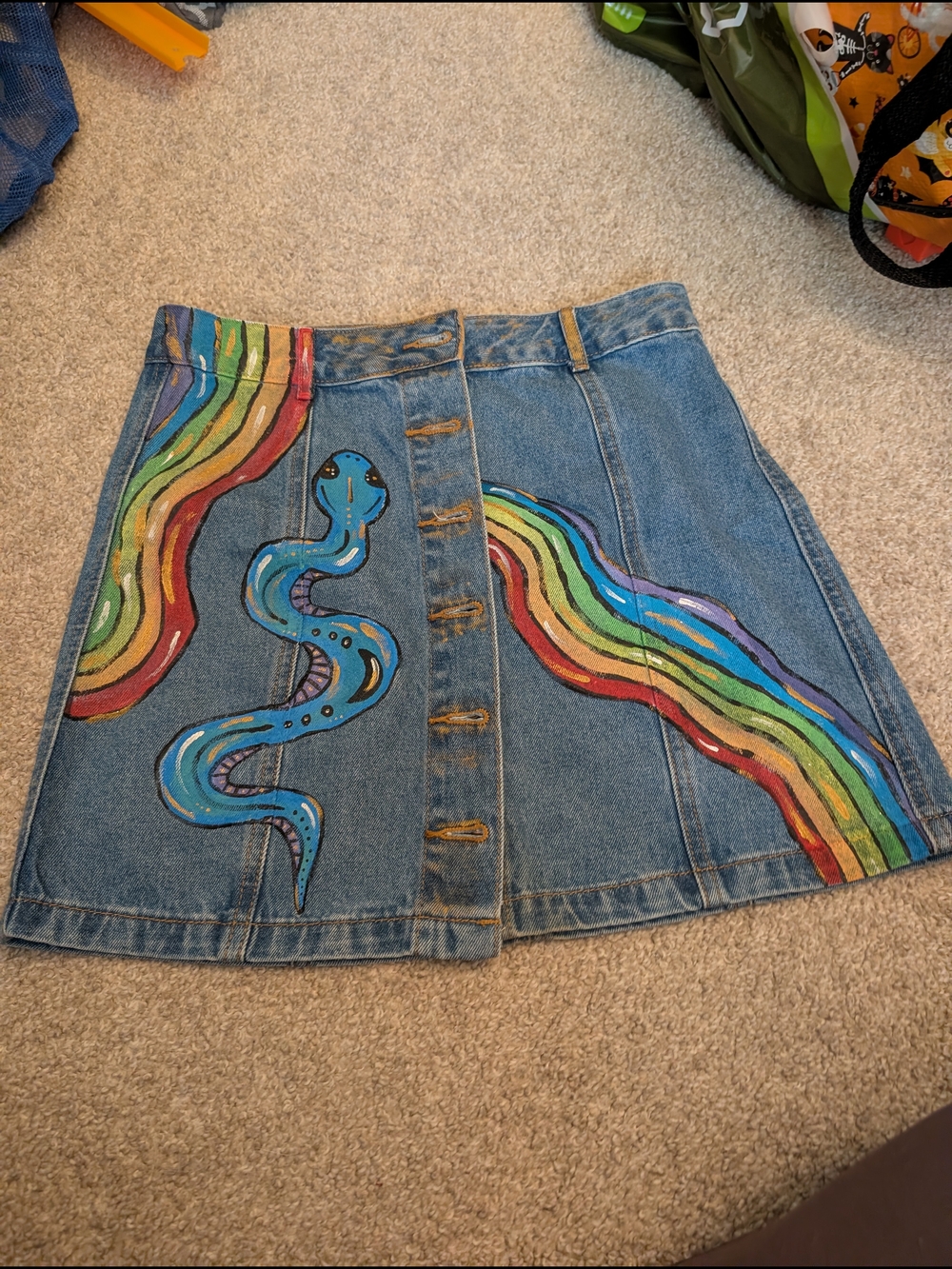 Forever 21 Blue Denim Mini Skirt with Hand-Painted Pride Rainbow & Snake
